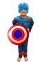 BookMyCostume 3 Pc American Shield Hero Muscle-Look Superhero Costume with Padded Chest, Arms, Plastic Face Mask & plastic Shield | Sublimation Printed Fancy Dress Outfit | Birthday Party Prop | 3-4 Years